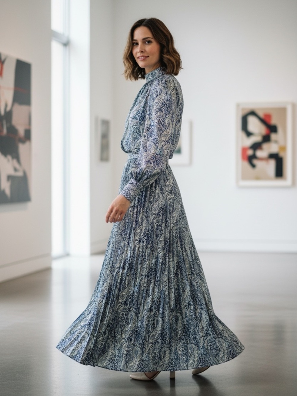 Paisley Print Long Sleeve Blouse & Maxi Skirt Set - Blue Multi elastic waist - Picture 5 of 6